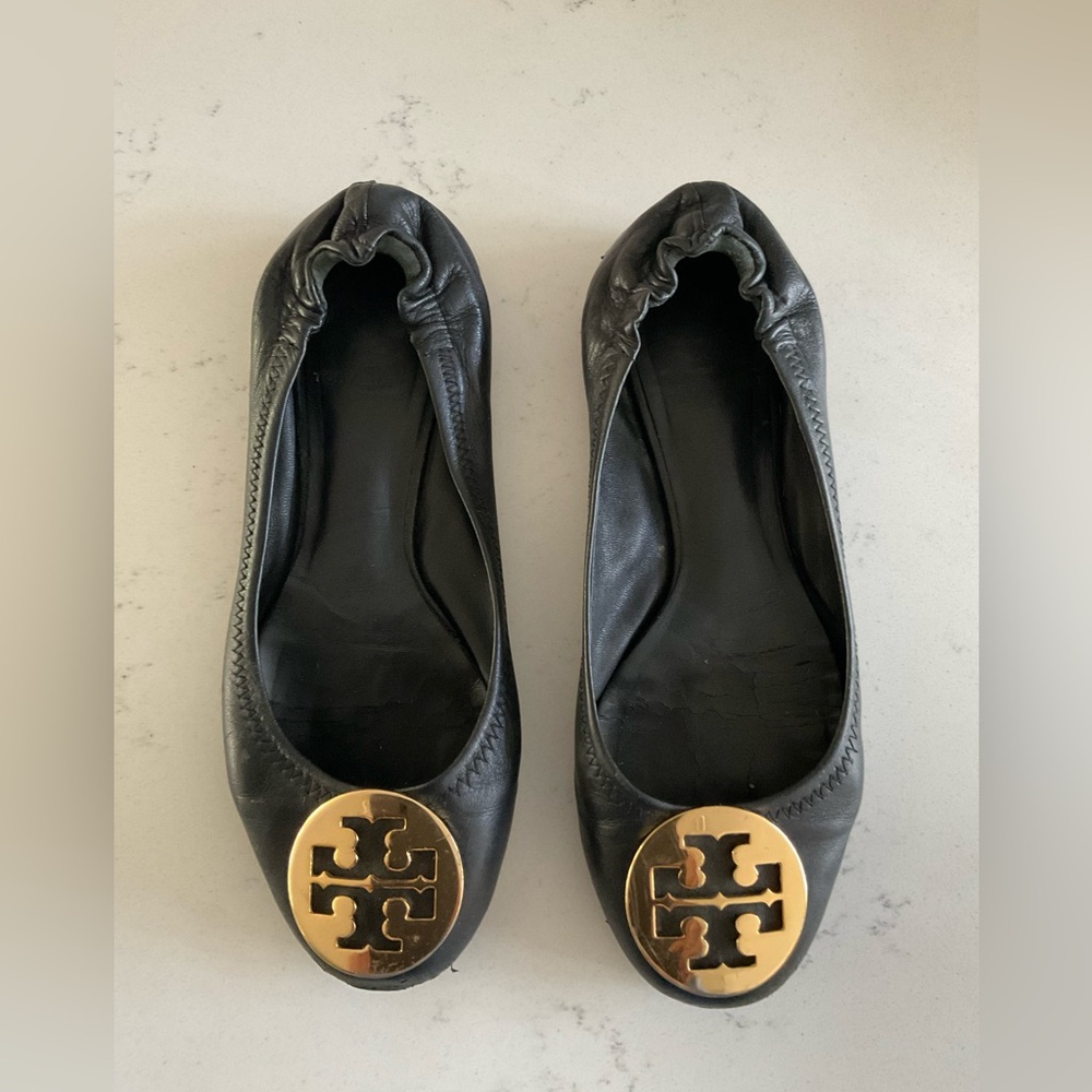 Tory Burch Classic Reva Ballet Flats, Black with Gold Logo, Size 6